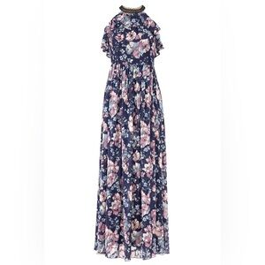 Marchesa Notte Gown Lace Trimmed Crepe De Chine Maxi Dress in Blue Purple Floral